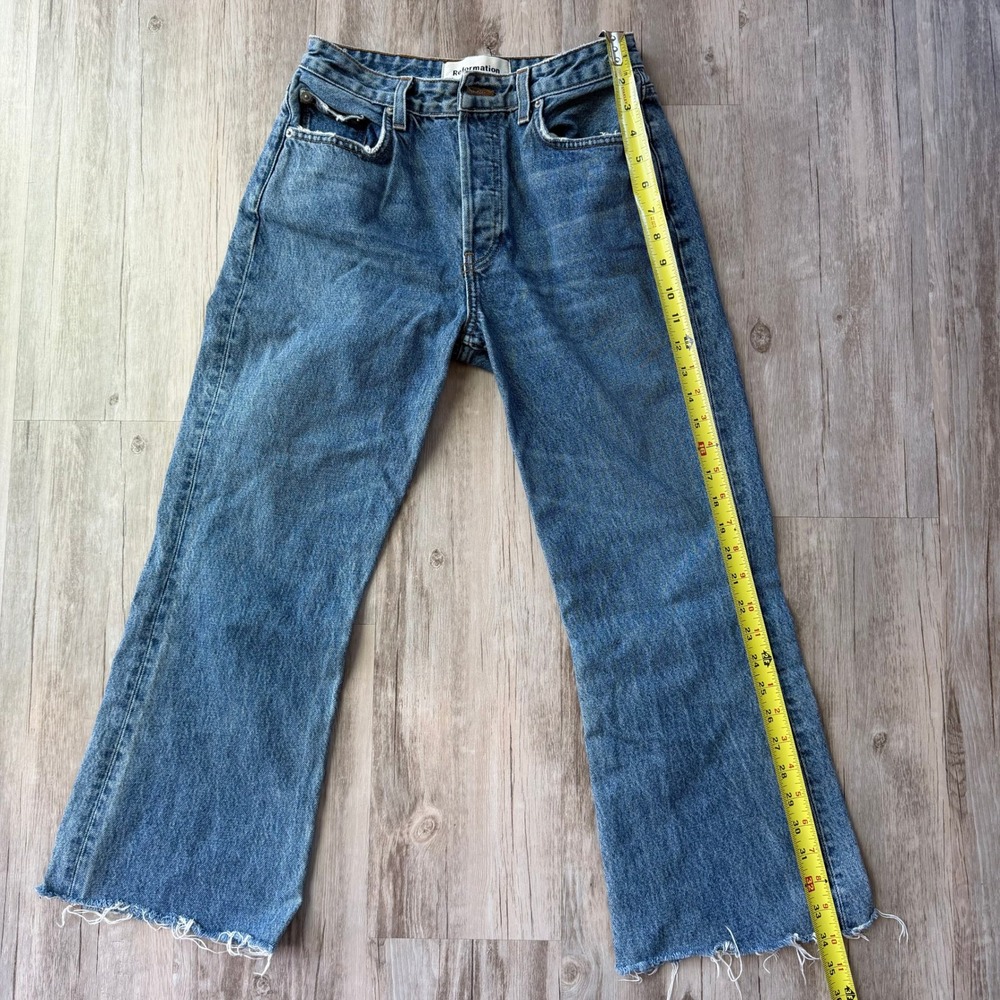 Reformation Mid Crop Flare Jeans Baltic Wash Blue Button Fly Raw Hem Size 28 - Picture 9 of 12